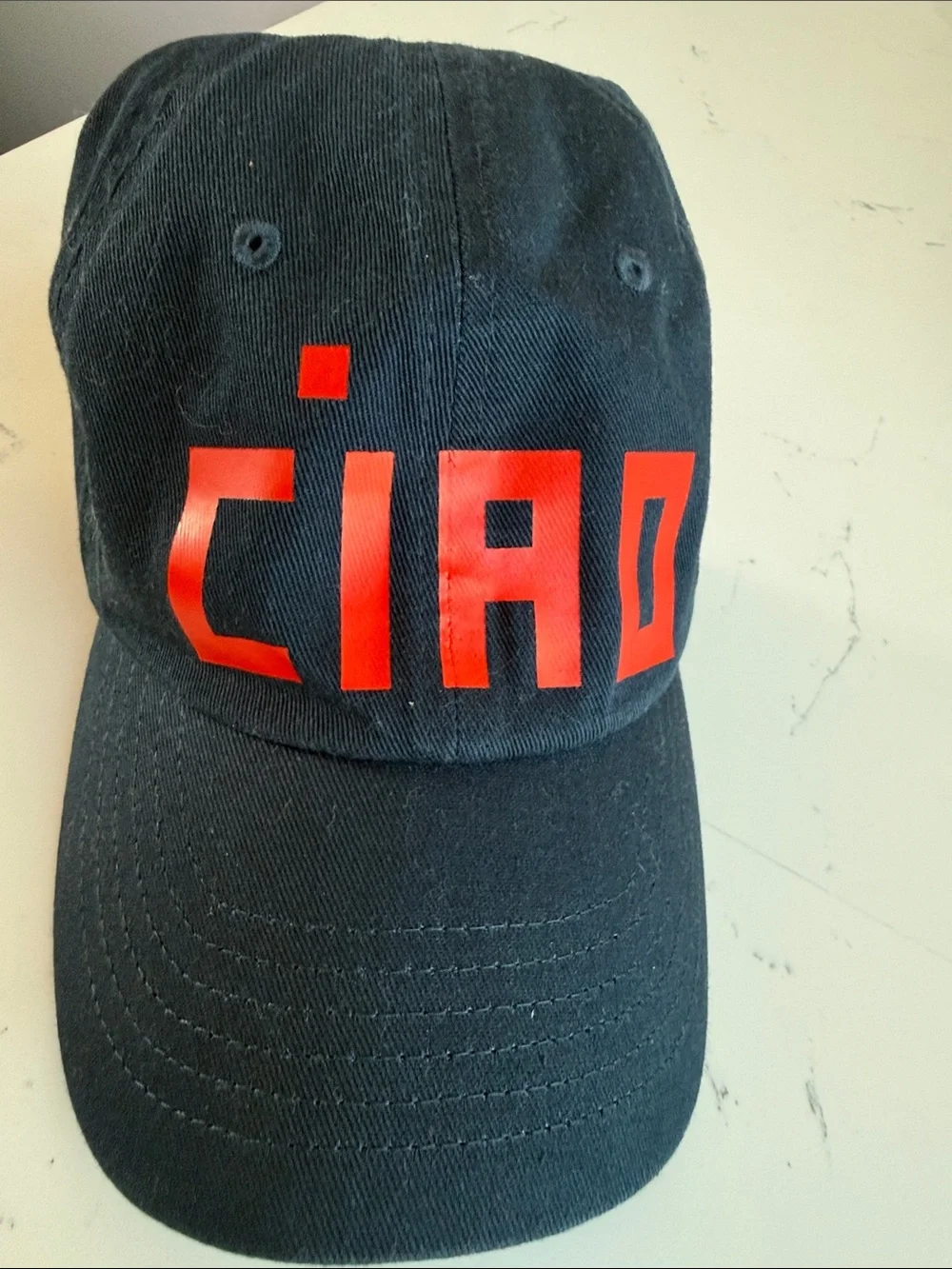Clare V. Ciao Baseball Cap red block letters navy cotton canvas